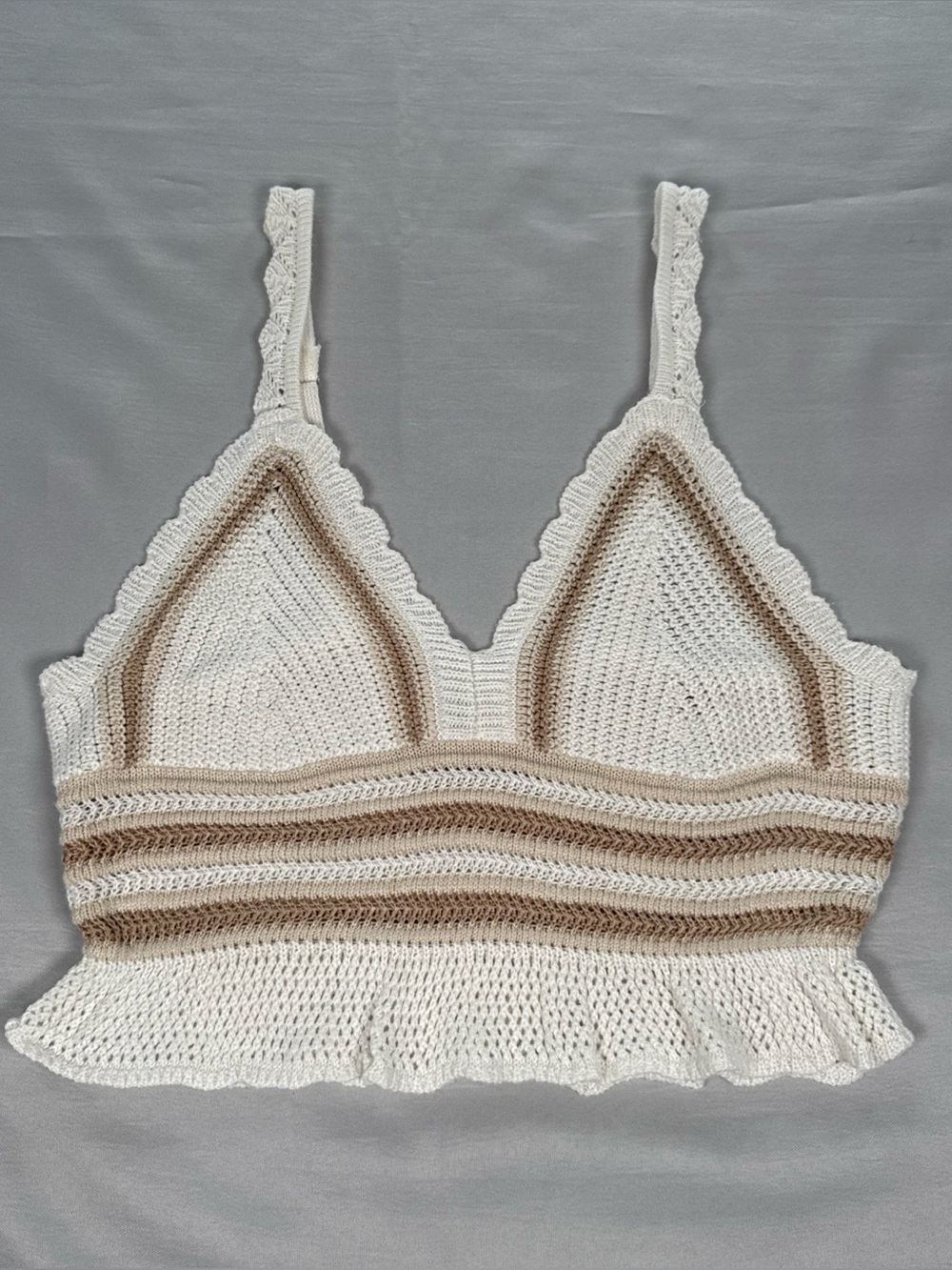 Madden NYC Crochet Lace Top Womens Large Boho Ruffle Trim Knit Festival Ivory